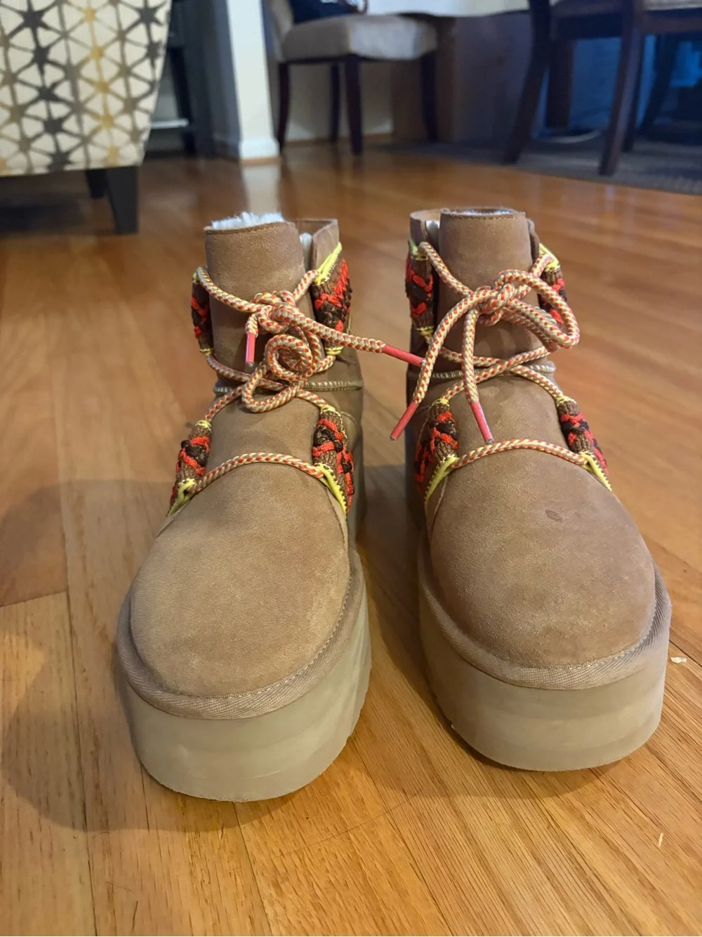 UGG Tan Suede Platform Ankle Boots with Red and Yellow Embroidered Trim